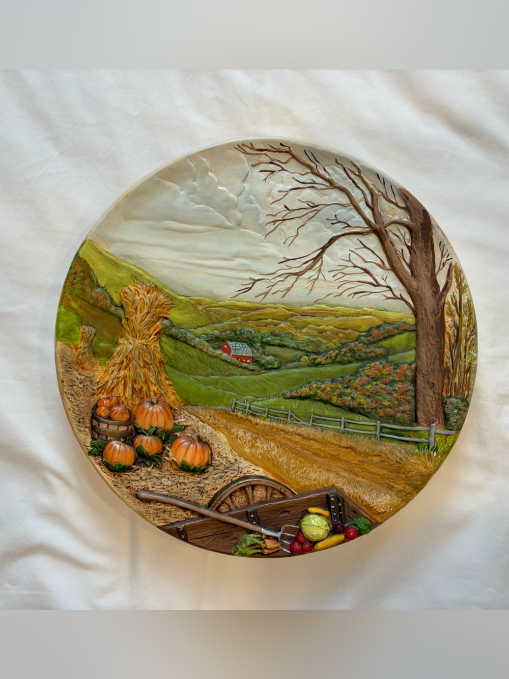 Byron Mold 1978 Barn Fall Scenery Hand Painted Engraved Back Autumn Harvest 13”